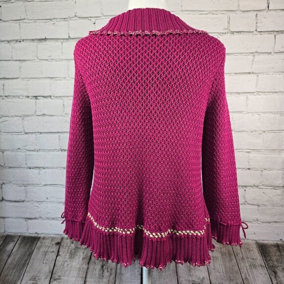 WOMENS RUBY RD CARDIGAN SWEATER RUFFLED EDGES PLUM COLOR ROSSETTE CLOSURE SIZE L - Picture 6 of 7